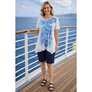 Cloth & Portrait Lace Floral Top White Eyelet SZ Large Resort Wear Vacation